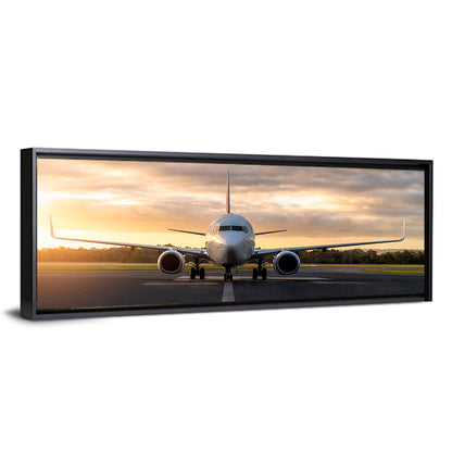 Front Facing Airplane on Runway at Sunset Wall Art