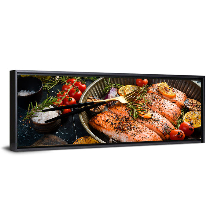Grilled Salmon with Lemon and Rosemary Wall Art as a framed canvas
