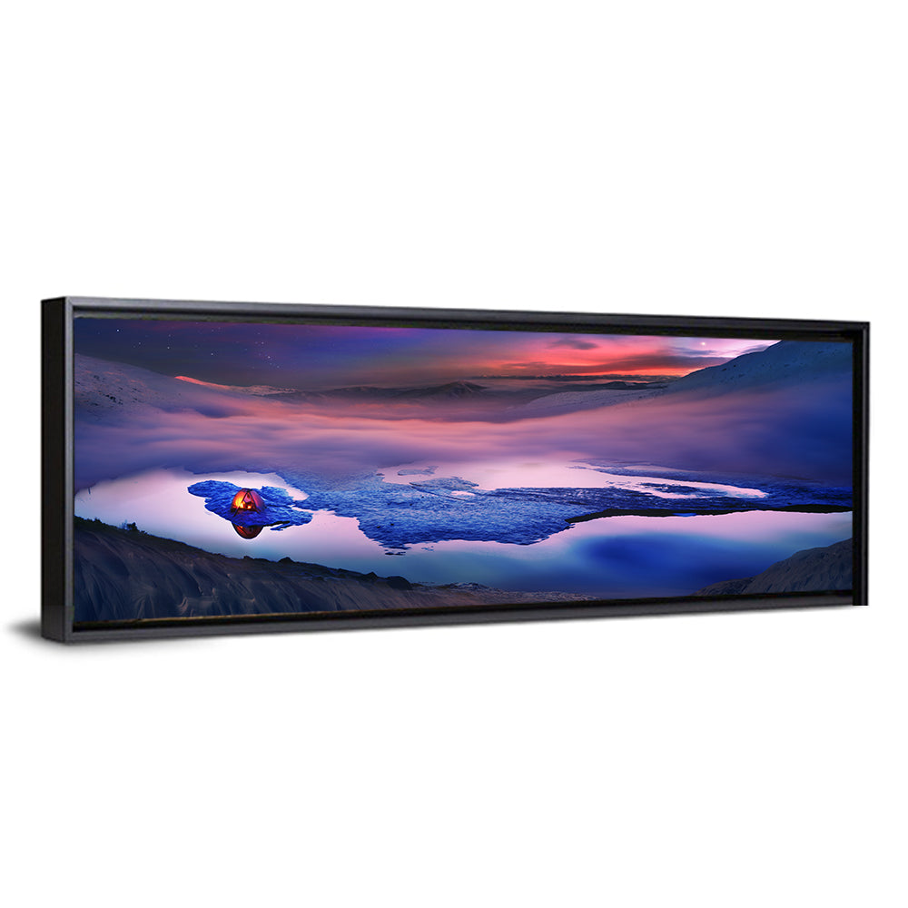 Glowing Tent on Frozen Mountain Lake Wall Art