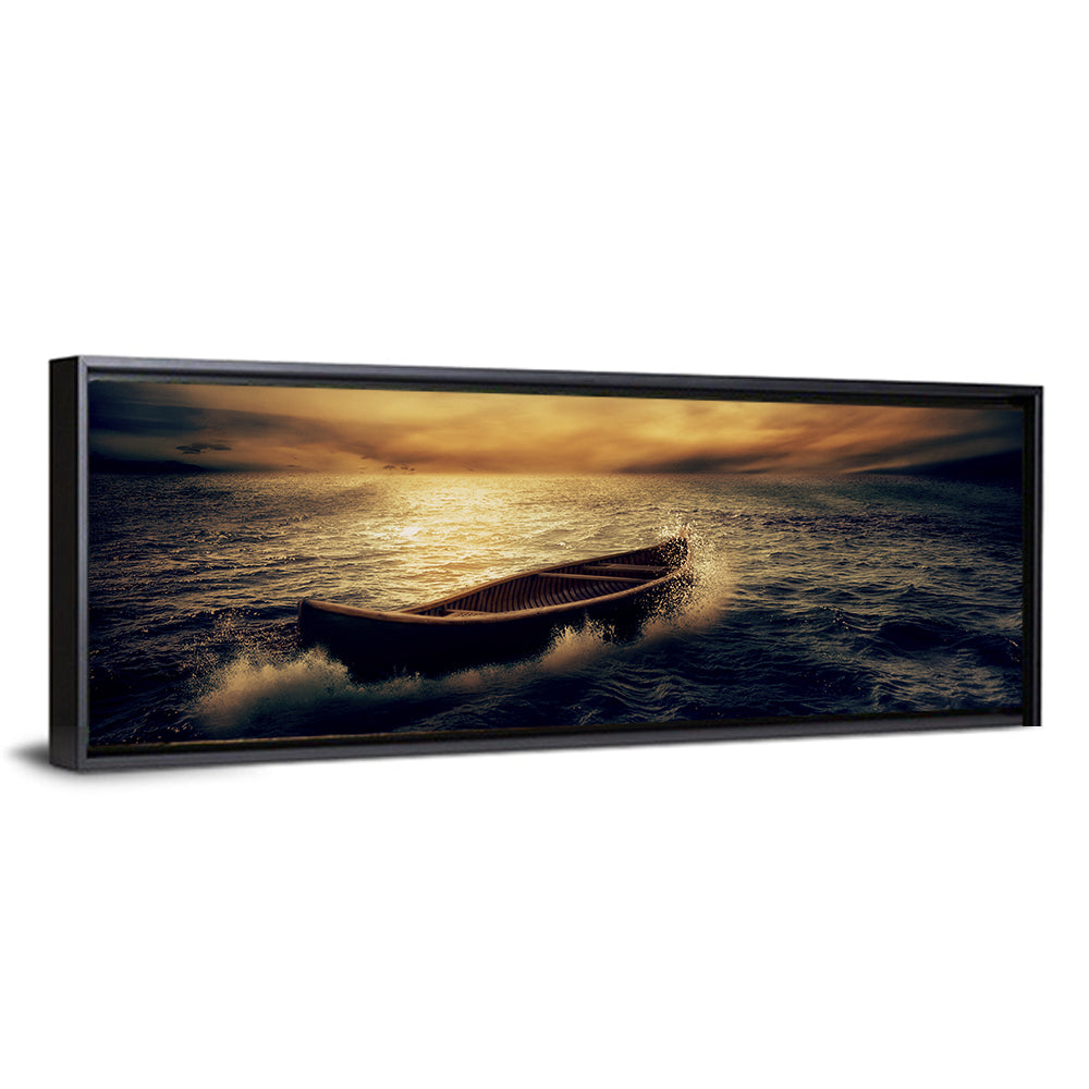 Moonlit Boat in Stormy Ocean Wall Art