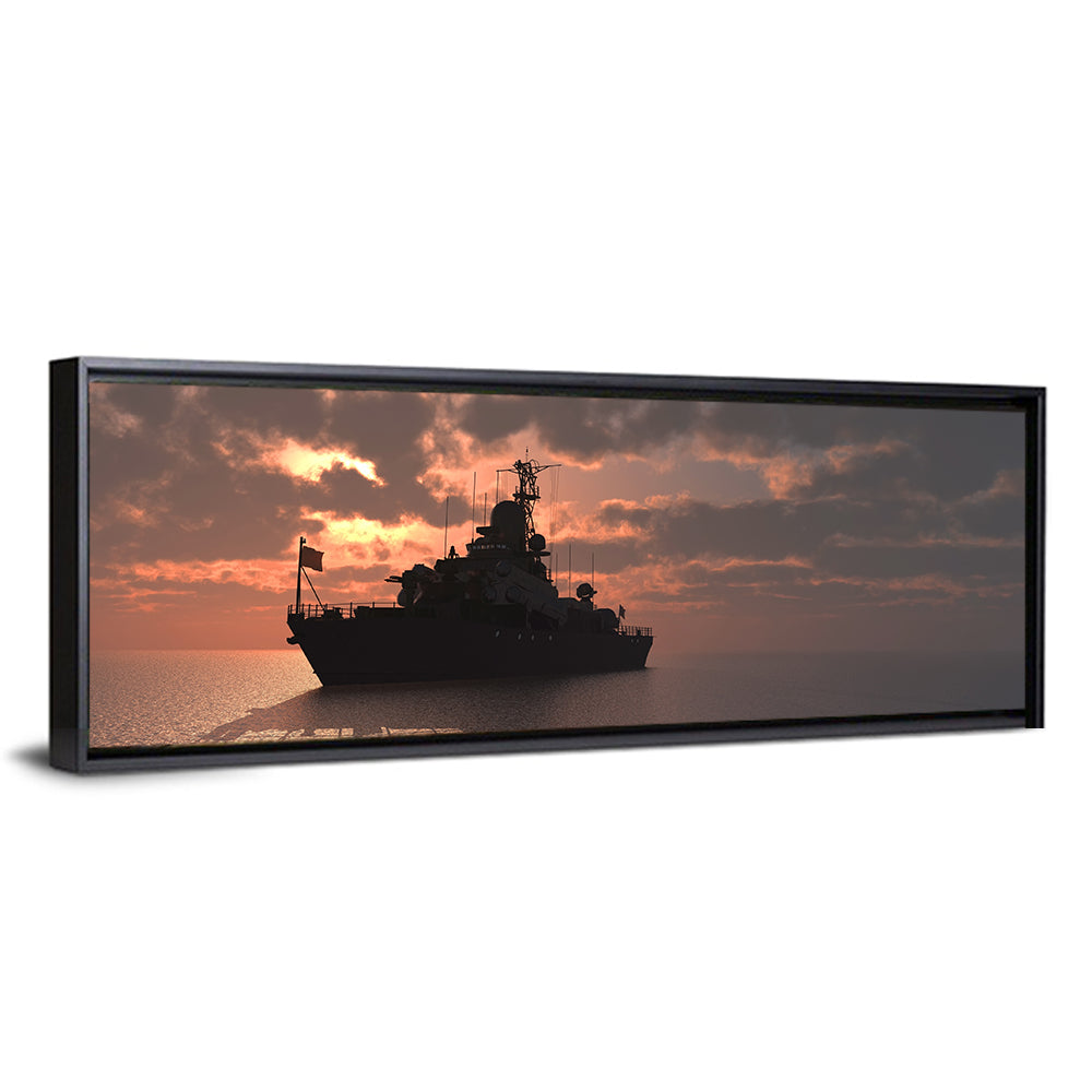 Warship Silhouette at Sunset Wall Art