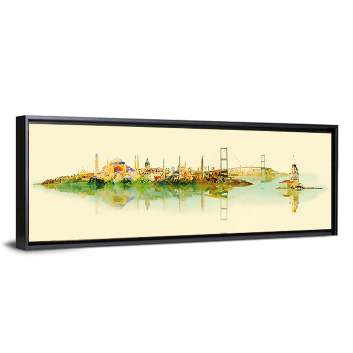 Istanbul Bosphorus Watercolor Skyline Wall Art as a framed canvas