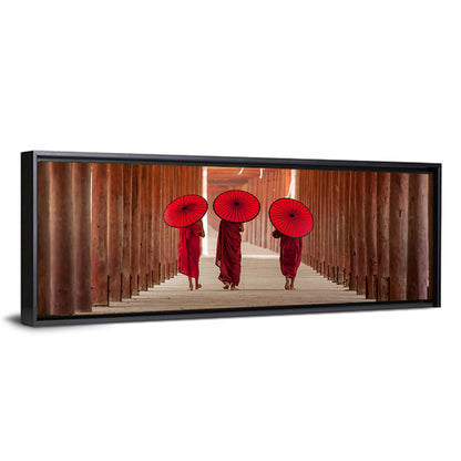 Novice Monks with Red Umbrellas Wall Art