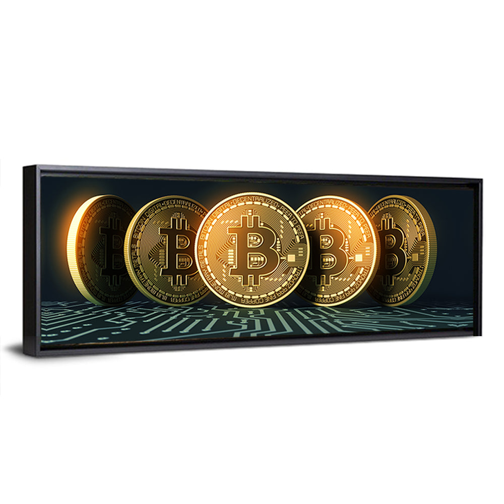 Five Golden Bitcoins on Circuit Board Wall Art