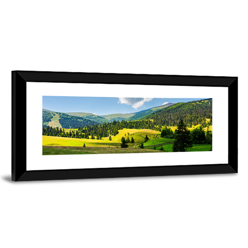 Sunlit Haystacks on Rolling Grassy Hills Wall Art