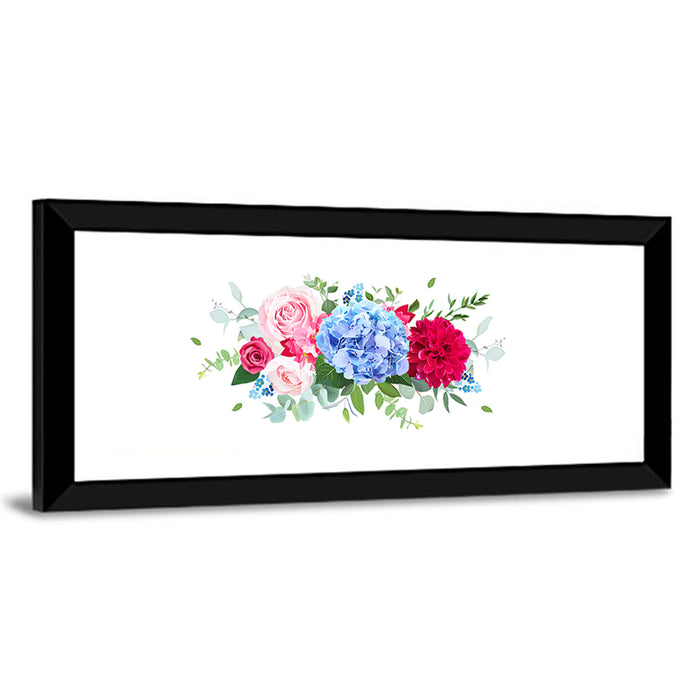 Summer Hydrangea, Dahlia and Rose Bouquet Wall Art as a framed print