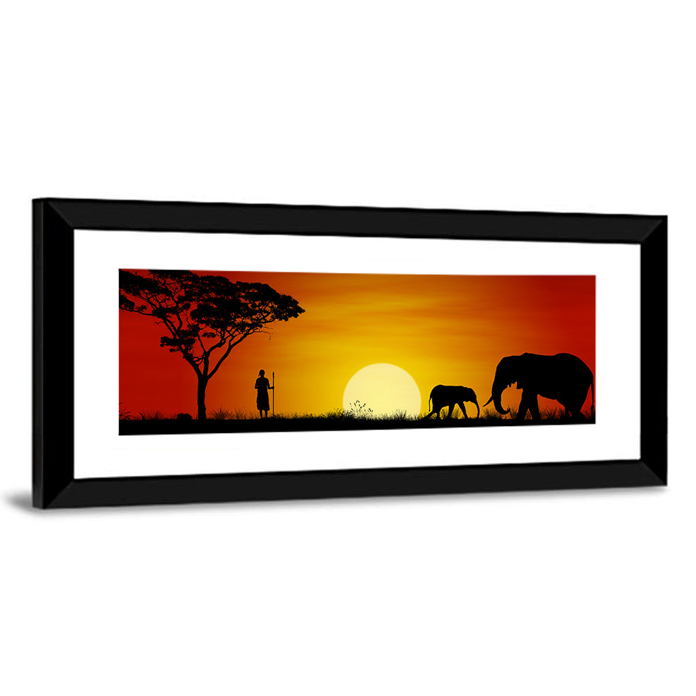 Massai Warrior and Elephants at Sunset Wall Art