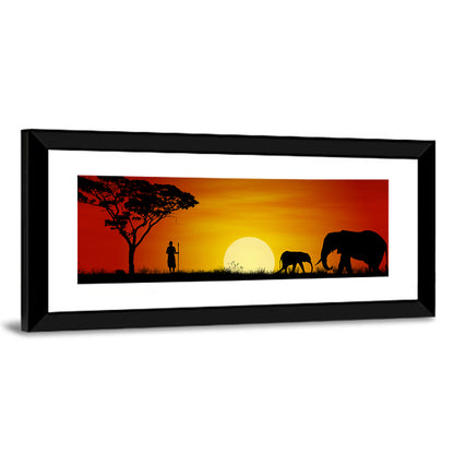 Massai Warrior and Elephants at Sunset Wall Art
