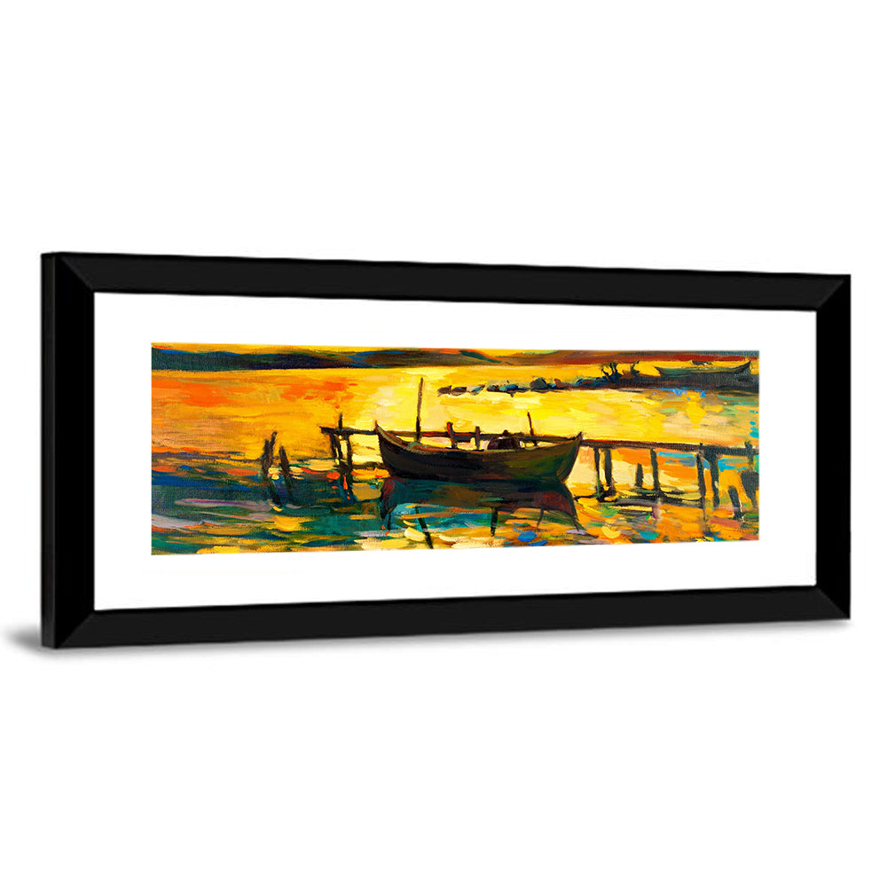 Sunset Boat at Jetty Oil Painting Wall Art