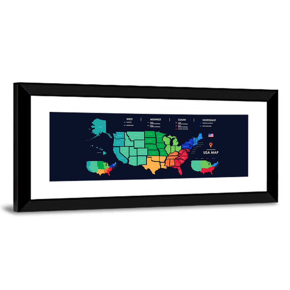Color Coded US Regions Map Wall Art
