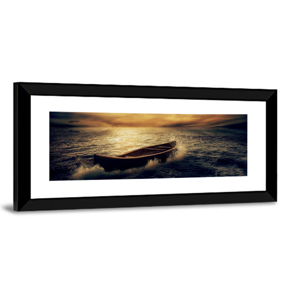 Moonlit Boat in Stormy Ocean Wall Art