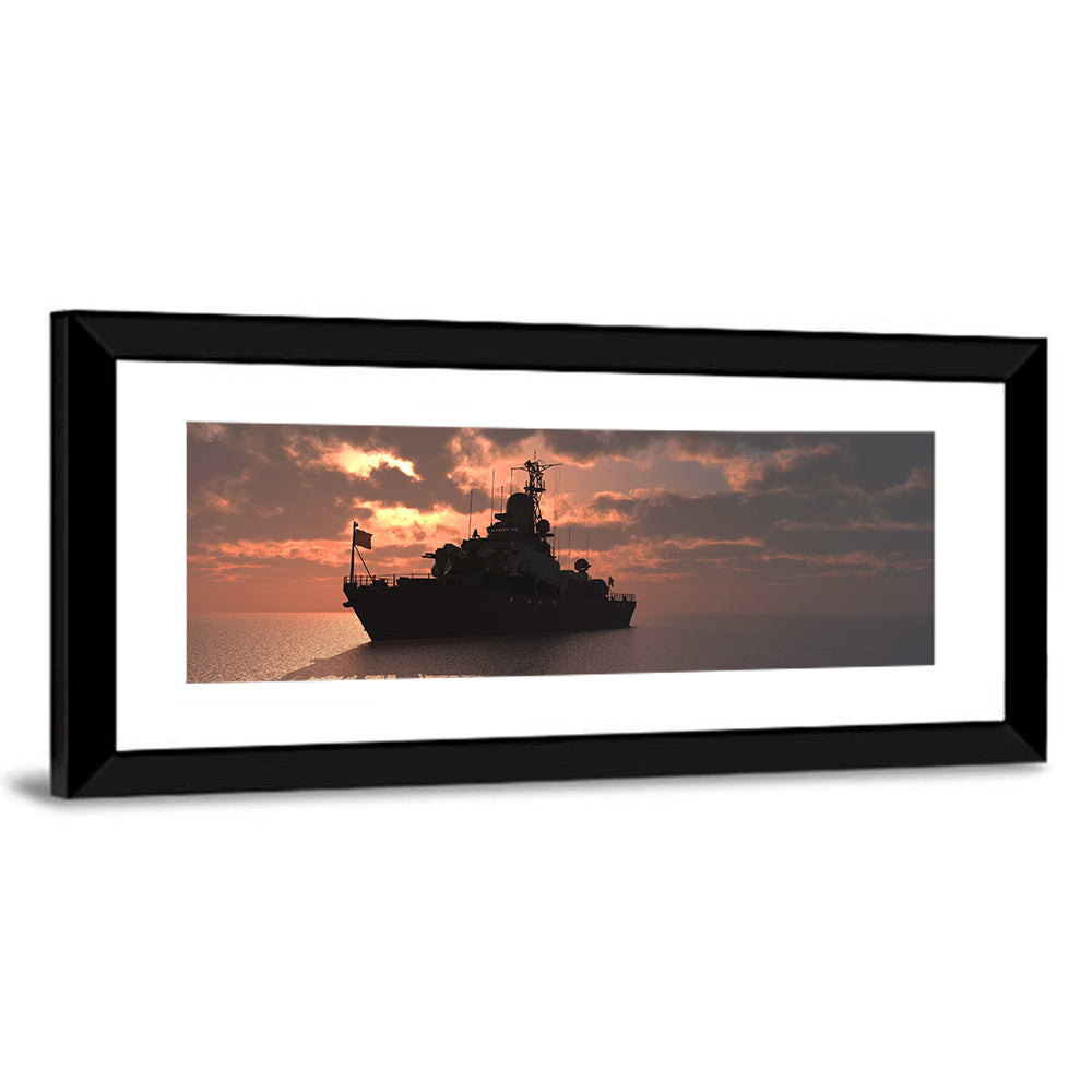 Warship Silhouette at Sunset Wall Art