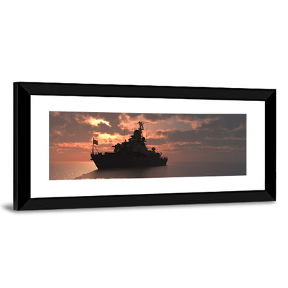 Warship Silhouette at Sunset Wall Art