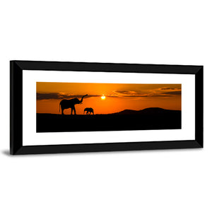 Elephants In Savannah At Sunset Wall Art