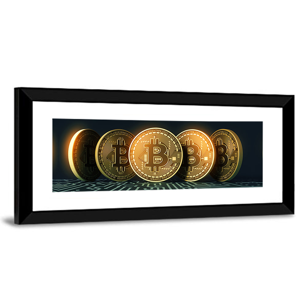 Five Golden Bitcoins on Circuit Board Wall Art