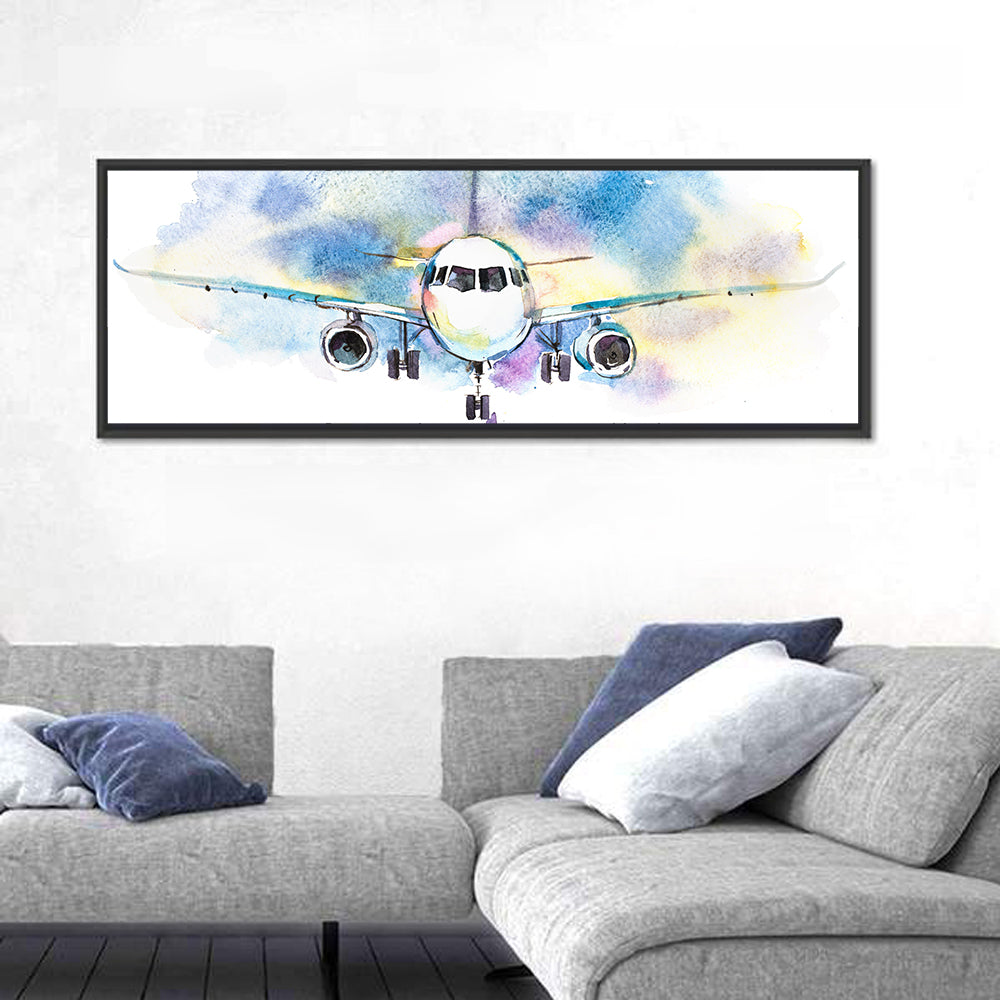 Symmetrical Airplane Watercolor Sketch Wall Art in a room, panoramic