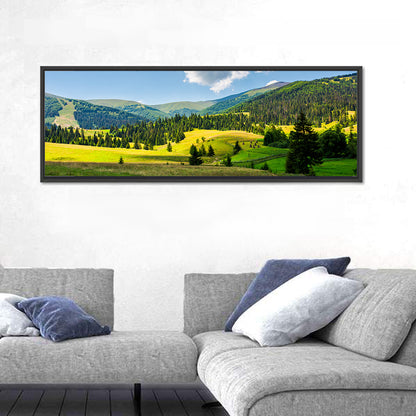 Sunlit Haystacks on Rolling Grassy Hills Wall Art