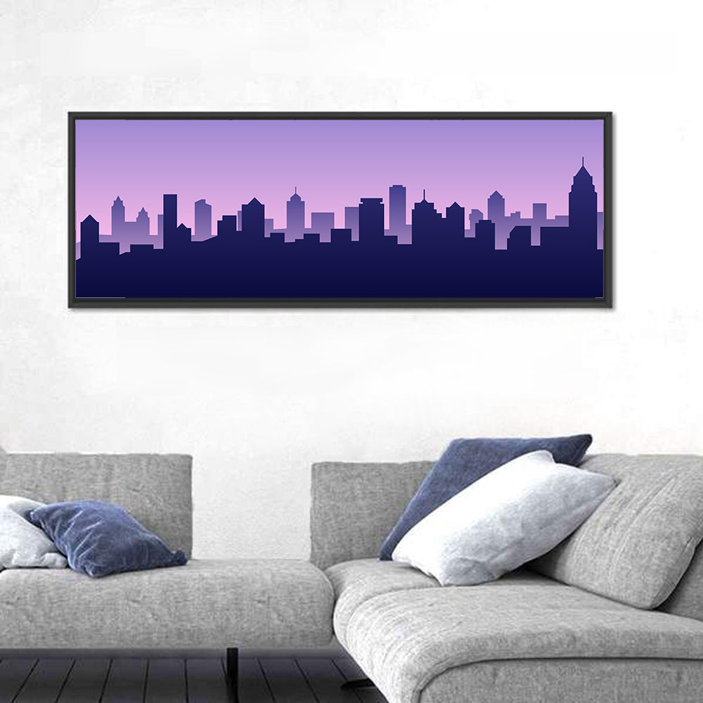 Purple American City Silhouette Wall Art in a room, panoramic