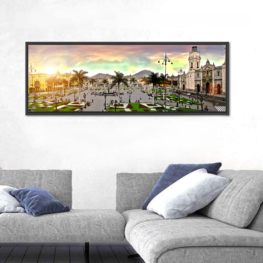 Plaza Mayor, Lima Sunset Wall Art in a room, panoramic
