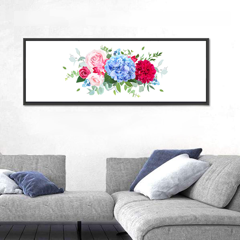 Summer Hydrangea, Dahlia and Rose Bouquet Wall Art in a room, panoramic