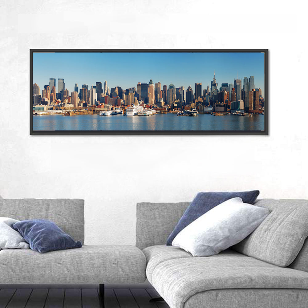 Manhattan Harbor Skyline Wall Art in a room, panoramic