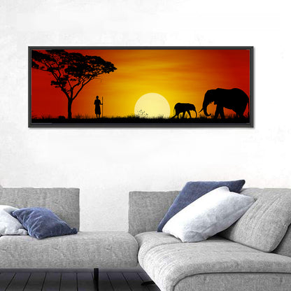 Massai Warrior and Elephants at Sunset Wall Art