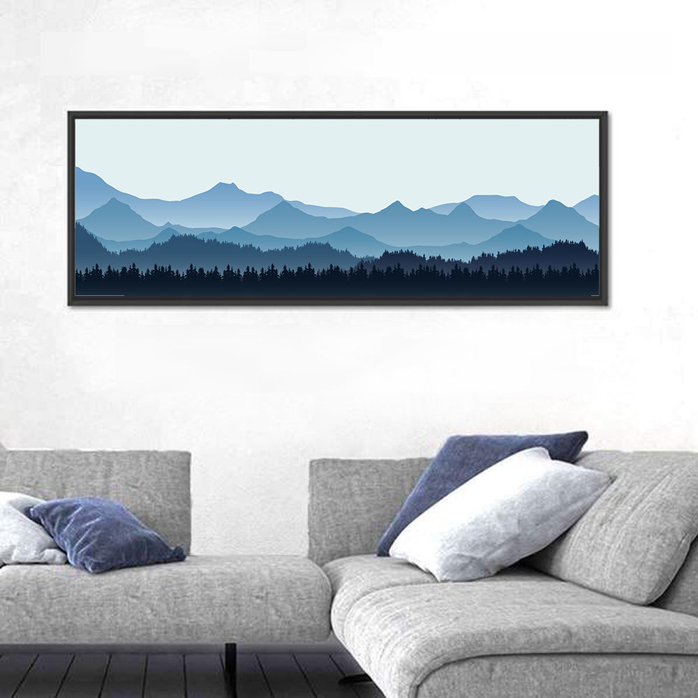 Layered Blue Mountain Range Wall Art in a room, panoramic