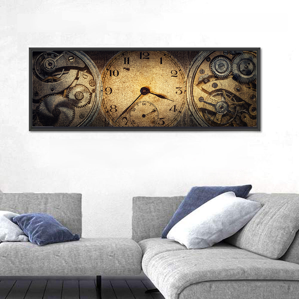 Antique Pocket Watch Mechanism Wall Art in a room, panoramic