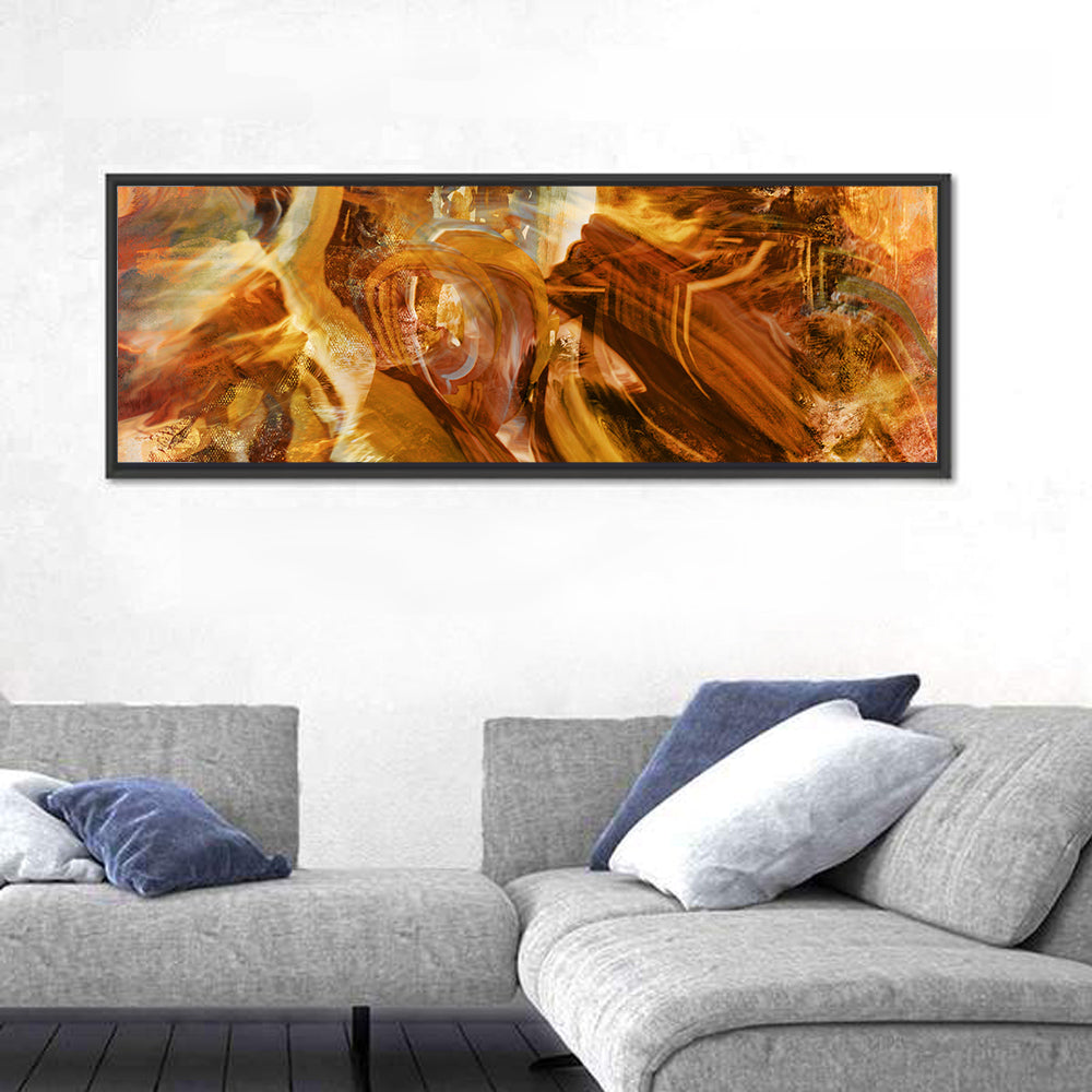 Golden Vortex Abstract Wall Art in a room, panoramic