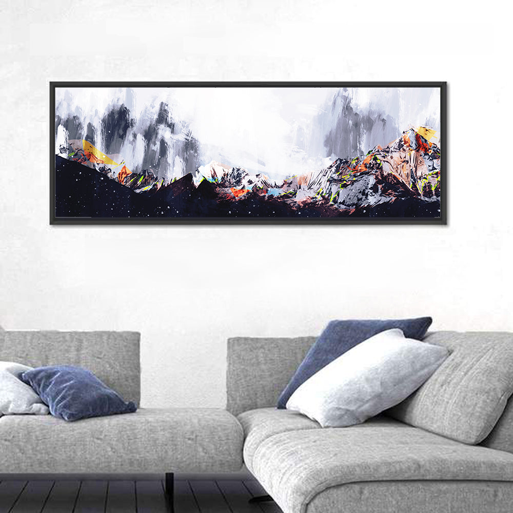 High-contrast Acrylic Mountains Wall Art in a room, panoramic