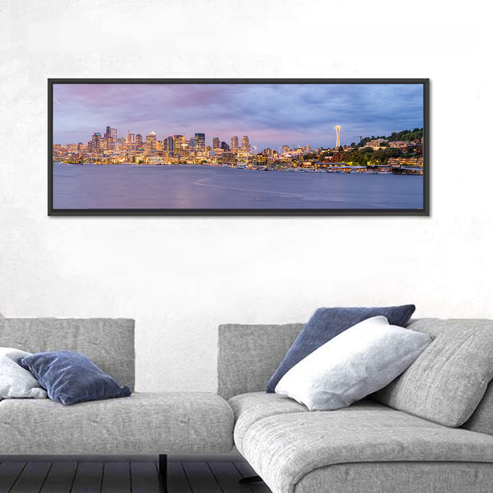 Seattle Skyline at Dusk Wall Art in a room, panoramic