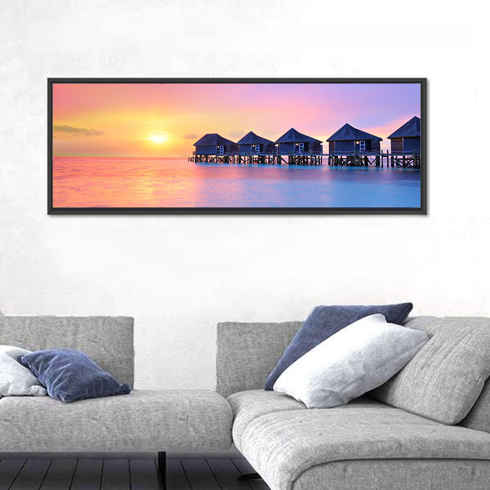 Maldives Sunset Over Water Bungalows Wall Art