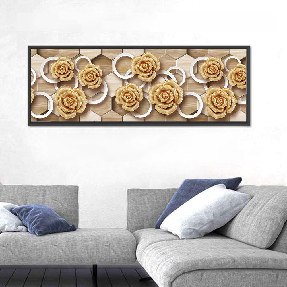 Gold Roses on Geometric Tiles Wall Art in a room, panoramic
