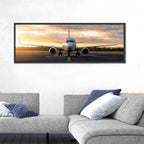 Front Facing Airplane on Runway at Sunset Wall Art