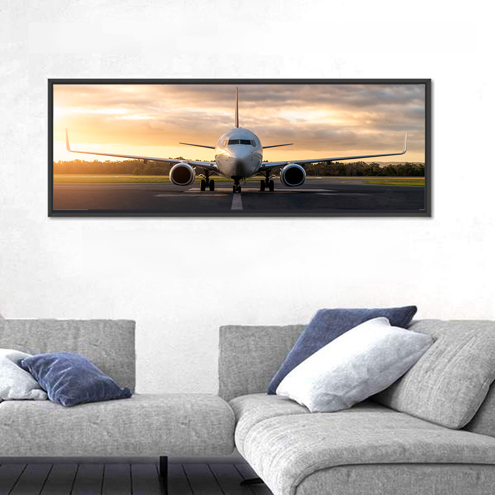 Front Facing Airplane on Runway at Sunset Wall Art