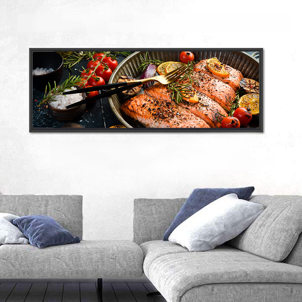Grilled Salmon with Lemon and Rosemary Wall Art in a room, panoramic