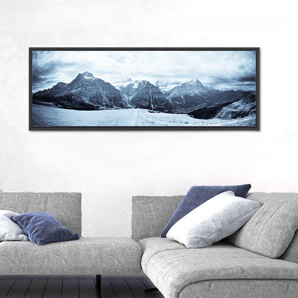 Jungfrau Mountain Peaks Wall Art in a room, panoramic