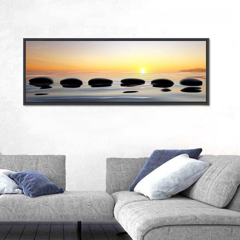 Zen Stones at Sunset Wall Art in a room, panoramic