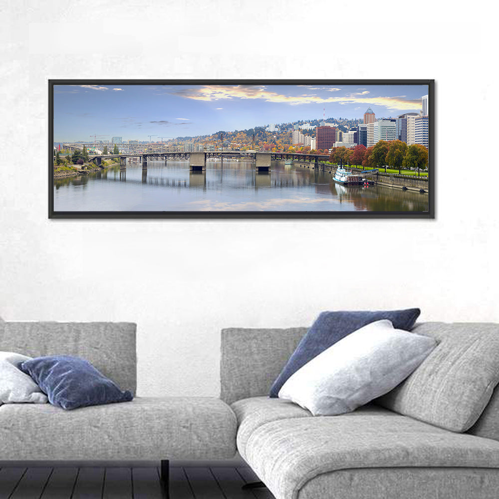 Portland Hawthorne Bridge Skyline Wall Art in a room, panoramic