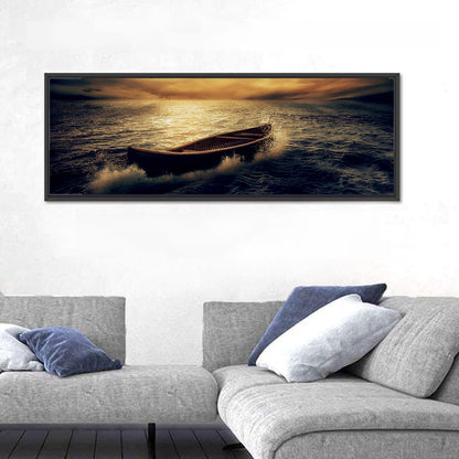 Moonlit Boat in Stormy Ocean Wall Art