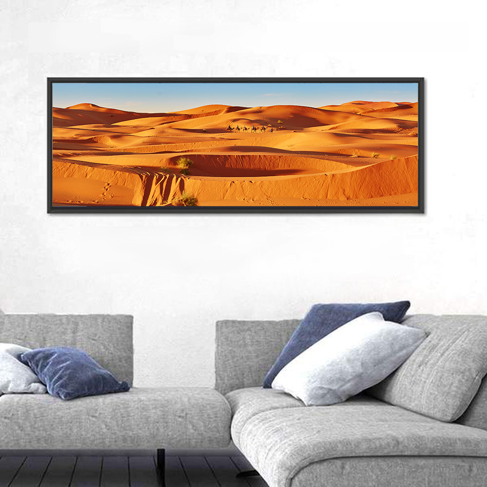 Sunlit Sahara Dunes with Camel Caravan Wall Art