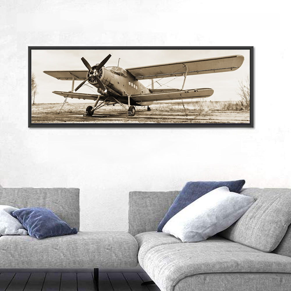 Vintage Biplane Closeup Wall Art in a room, panoramic