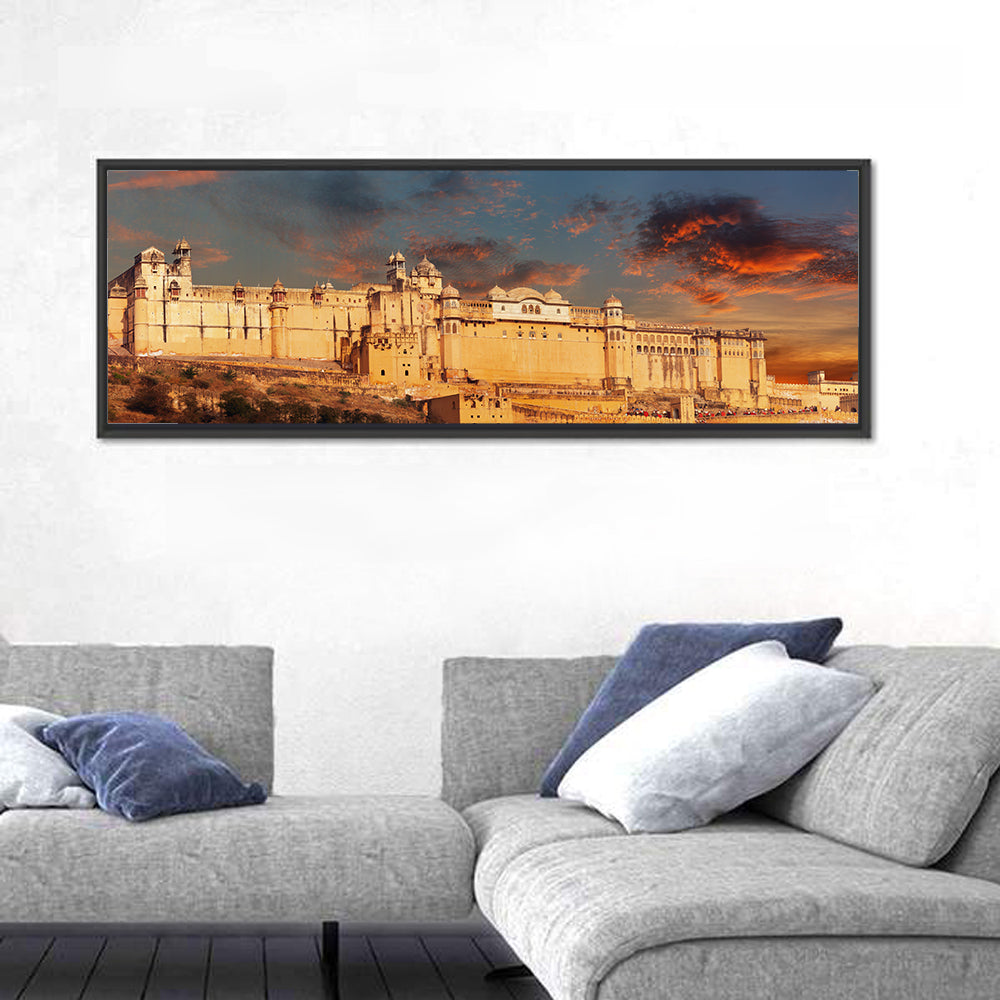 Amer Fort at Golden Dusk Wall Art in a room, panoramic