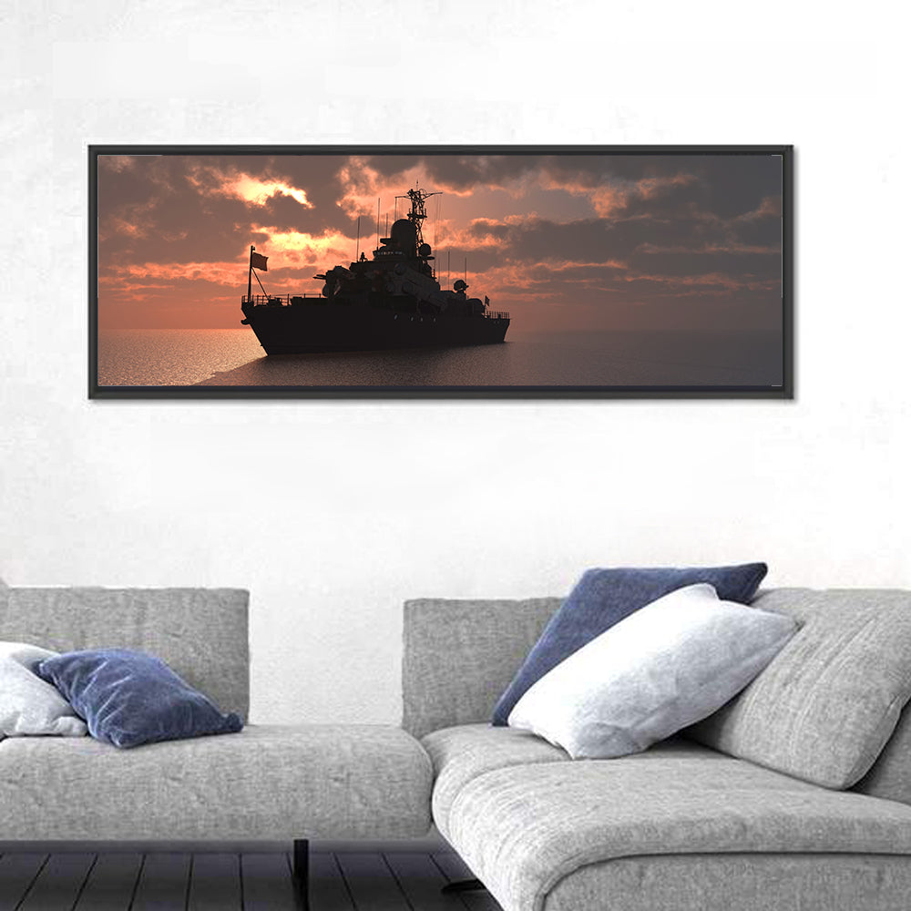Warship Silhouette at Sunset Wall Art