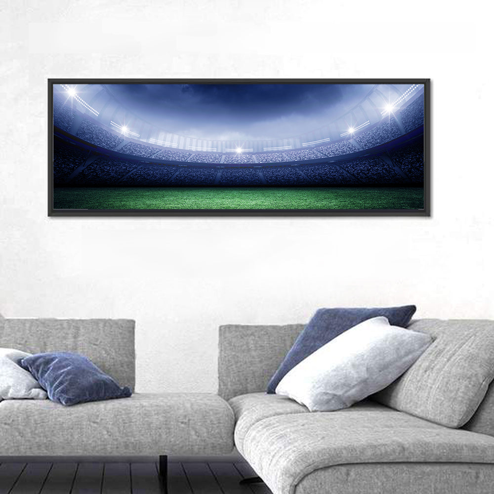 Illuminated Soccer Stadium Wall Art in a room, panoramic