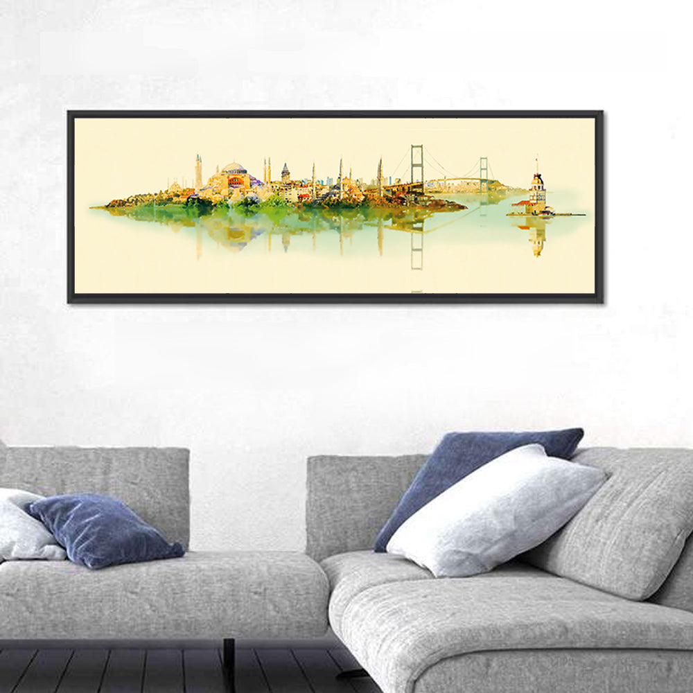 Istanbul Bosphorus Watercolor Skyline Wall Art in a room, panoramic