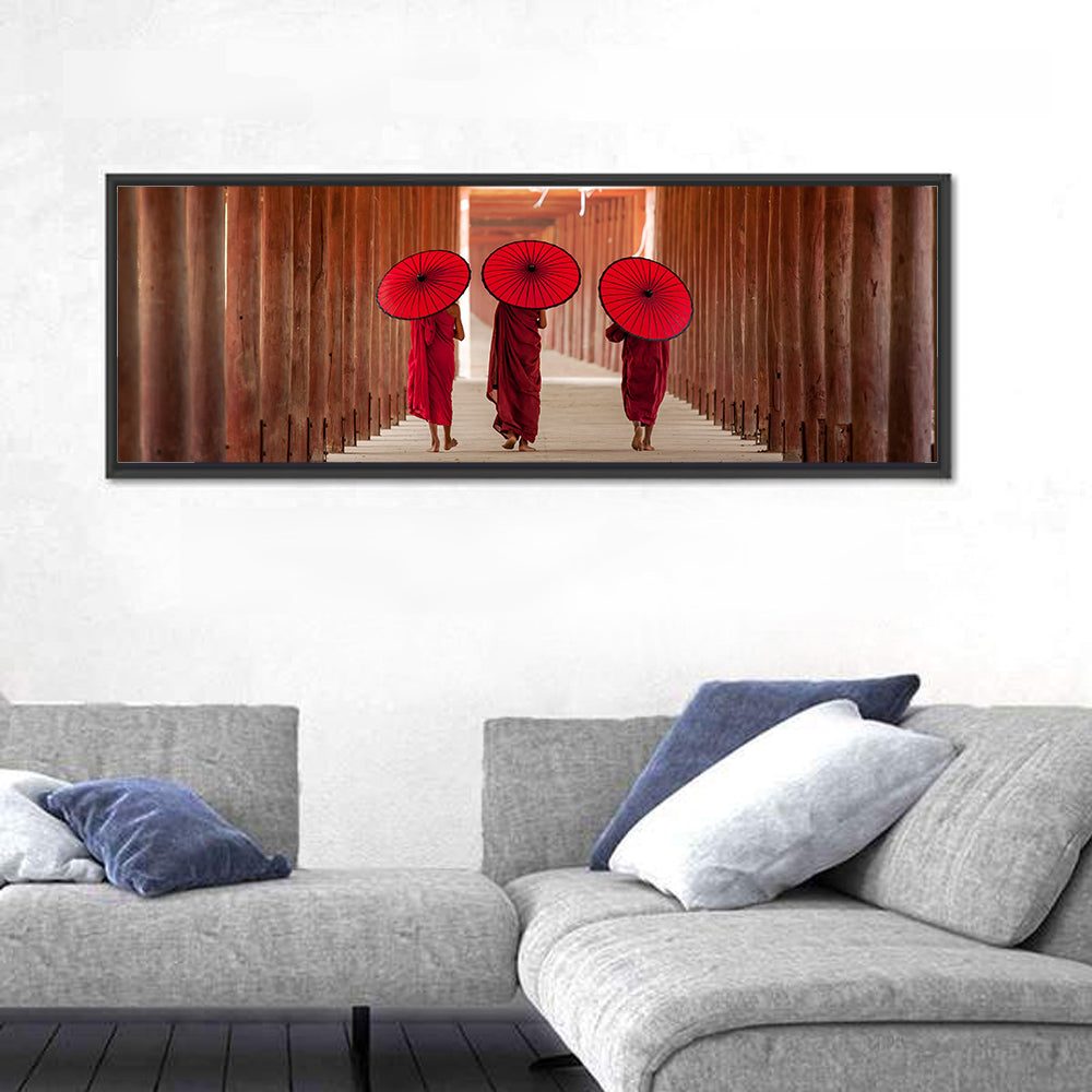 Novice Monks with Red Umbrellas Wall Art