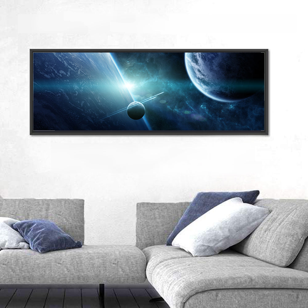 Distant Planetary System Wall Art in a room, panoramic