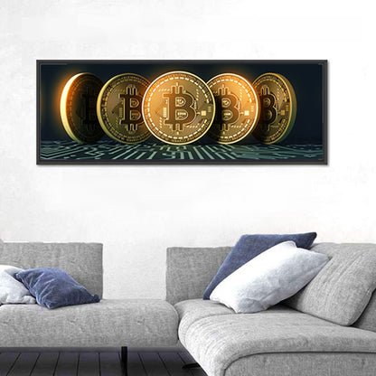 Five Golden Bitcoins on Circuit Board Wall Art