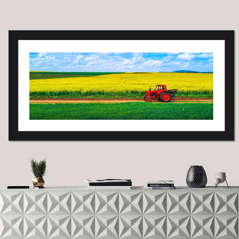 Red Tractor Over Yellow Rapeseed Field Wall Art
